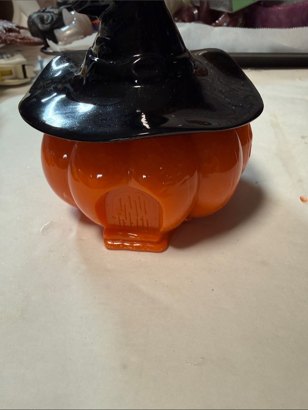 Resin Pumpkin Jar with Black Witch Hat Lid - Orange